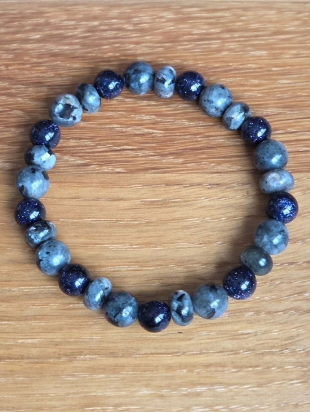 Blue Sandstone & Gray Larvikite Beads Stretch Bracelet - Hand Crafted